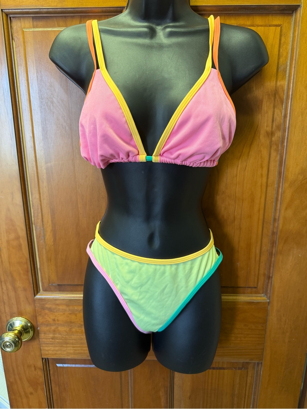 Cupshe Pink & Yellow Colorblock Ribbed Triangle Bikini Set with Green Trim